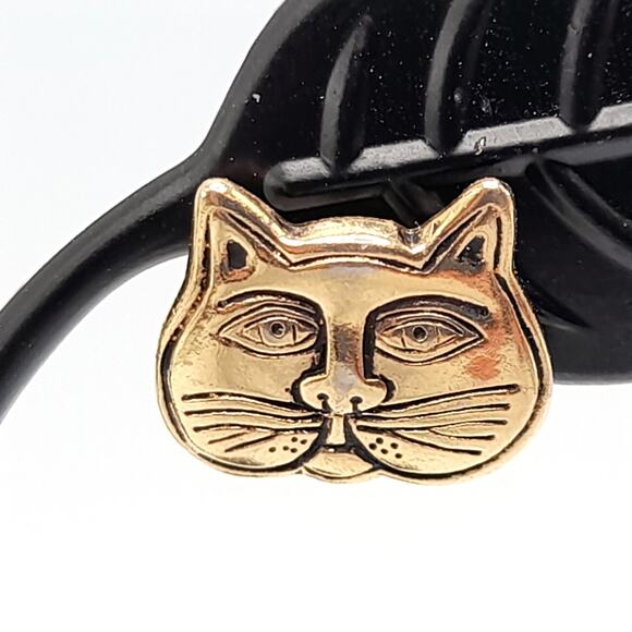 Laurel Burch Cat Face Post Earrings Gold Plated Black Enamel Vintage 1980s - Picture 3 of 10